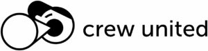 Logo firmy Crew United, czarno-biały rysunek, czarny napis na białym tle