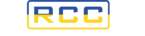 Logo firmy RCC - niebiesko-żółty napisa tle biało-szarej szachownicy