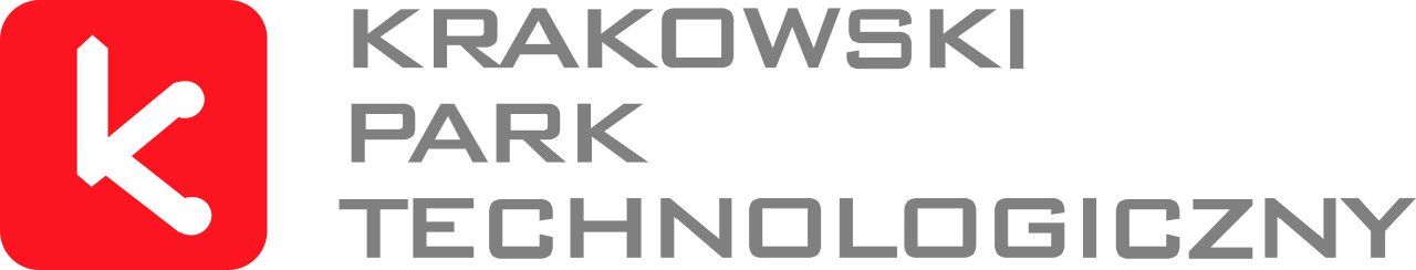 Logo Krakowskiego Parku Technologicznego, szary napis na białym tle, biała litera k w czerwonym kwadracie
