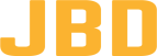 Logo firmy JBD, żółty napis na tle szaro-białej szachownicy