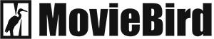 Logo firmy MovieBird, obrazek, czarny napis na tle szaro-białej szachownicy